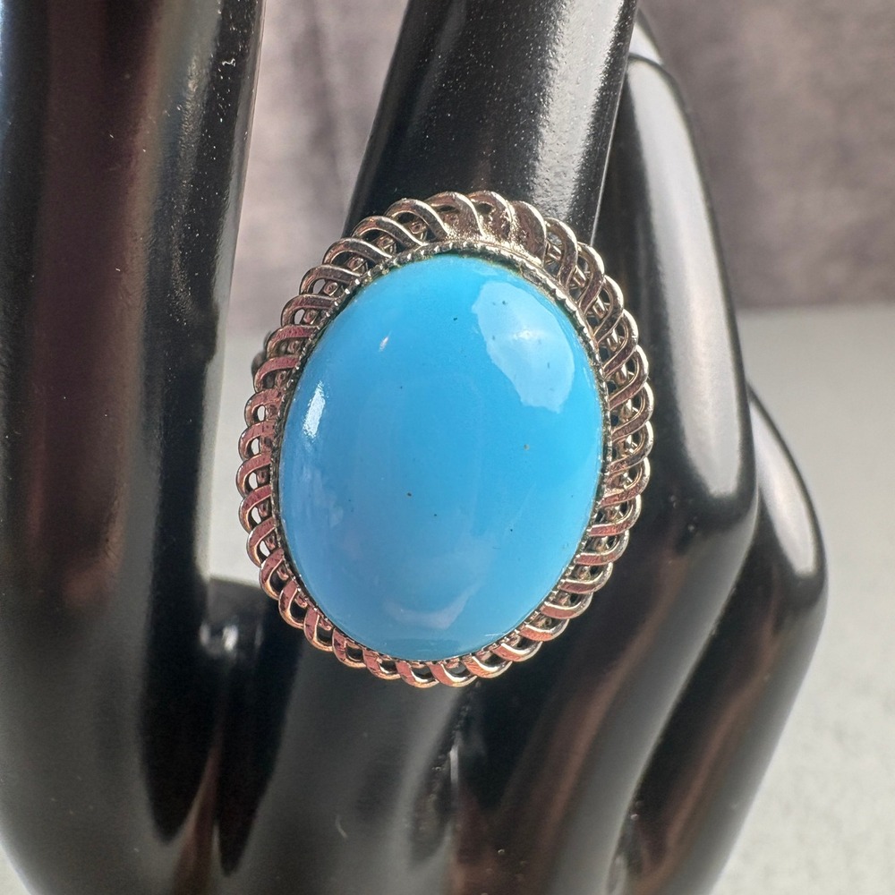 Vintage Germany Faux Turquoise Cabochon Adjustable Ring Silver Braided Bezel